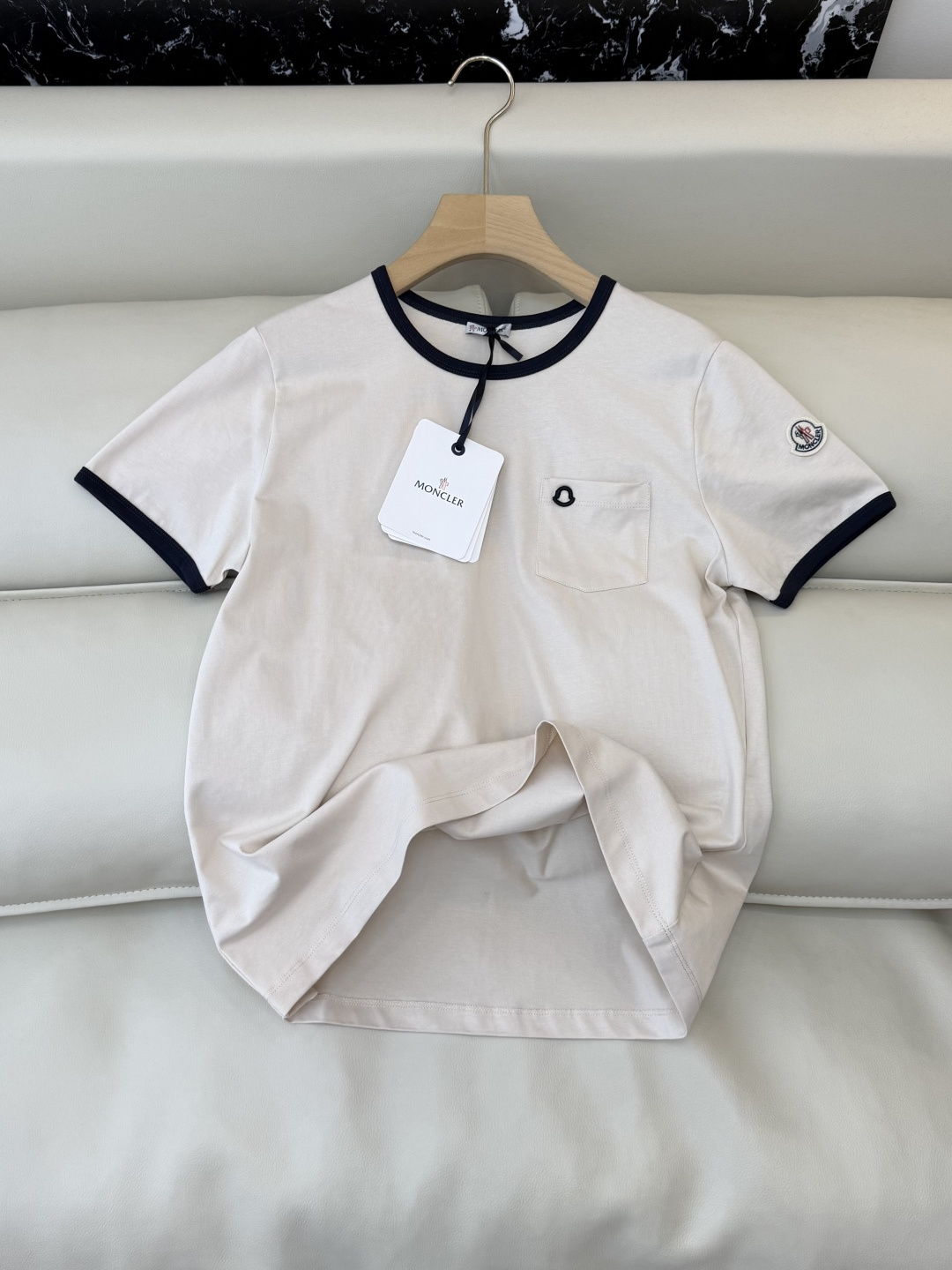 QG0136#新款T恤💕moncler 绣标logo 短袖T恤 米色 藏青色 SML