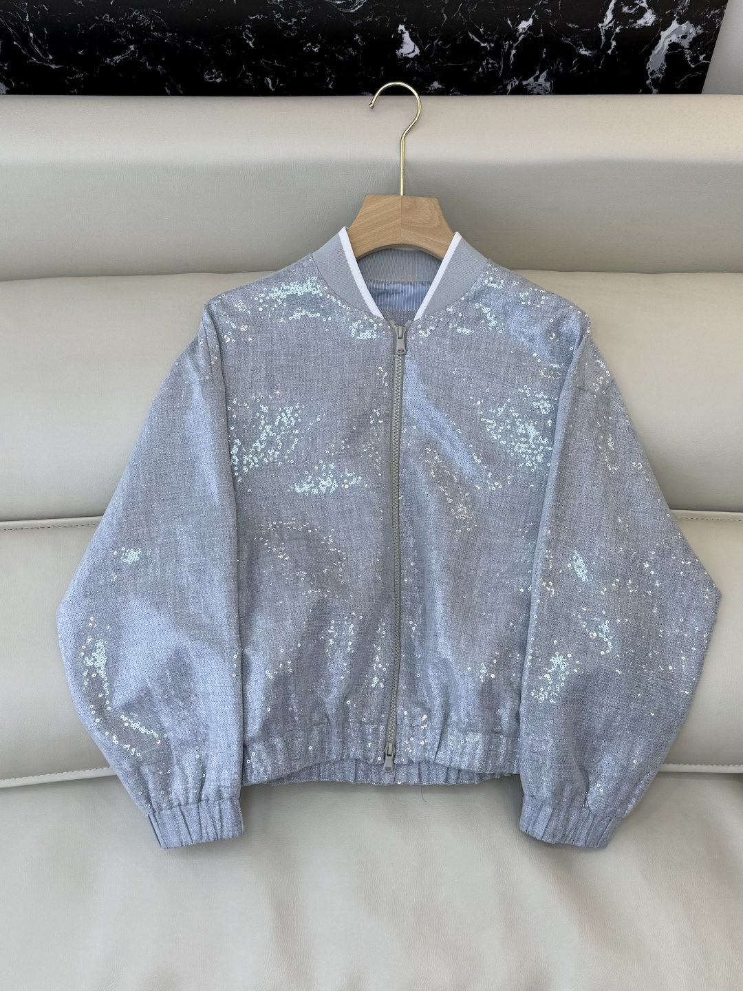 QD07969#新款外套🌾BC 45% 亚麻 珠片纱 夹克长袖外套 灰色 SMLXL