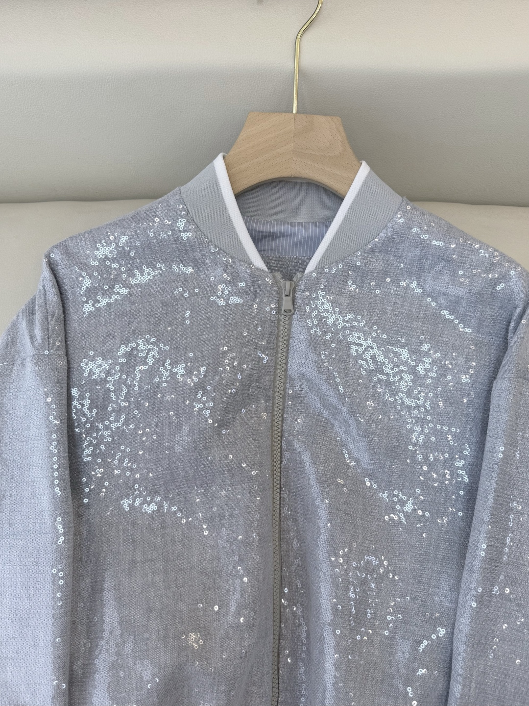 QD07969#新款外套🌾BC 45% 亚麻 珠片纱 夹克长袖外套 灰色 SMLXL