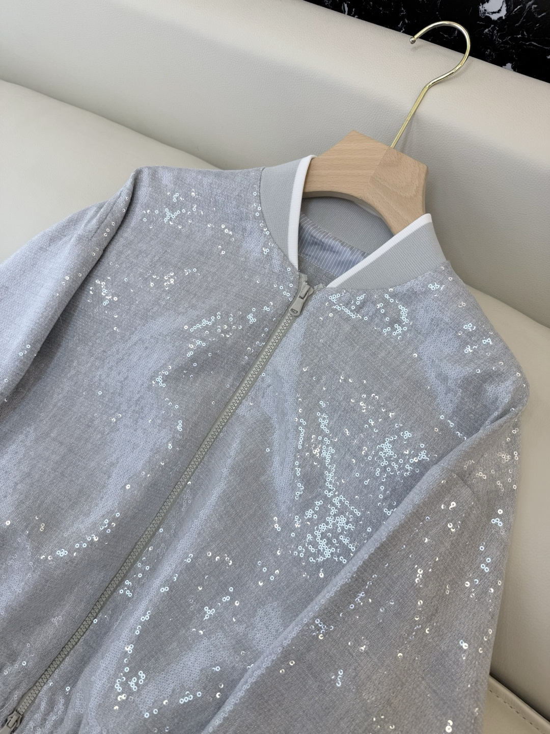 QD07969#新款外套🌾BC 45% 亚麻 珠片纱 夹克长袖外套 灰色 SMLXL