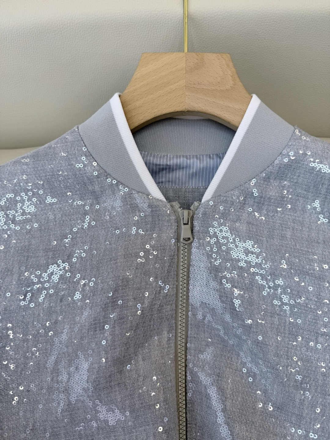 QD07969#新款外套🌾BC 45% 亚麻 珠片纱 夹克长袖外套 灰色 SMLXL