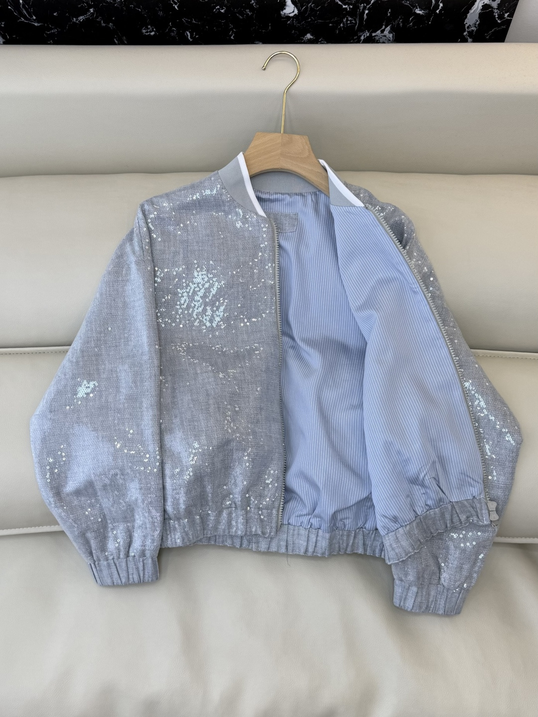 QD07969#新款外套🌾BC 45% 亚麻 珠片纱 夹克长袖外套 灰色 SMLXL