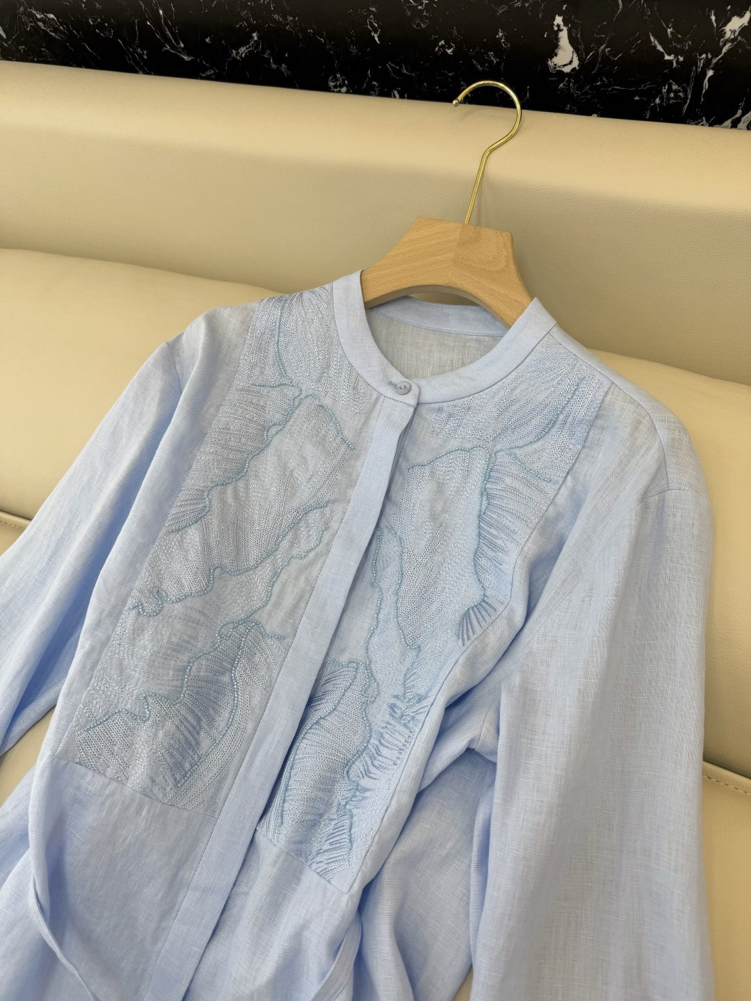 XM002#新款衬衫💕zimm 重工刺绣钉珠 长袖亚麻 衬衫 白色 蓝色 SMLXL