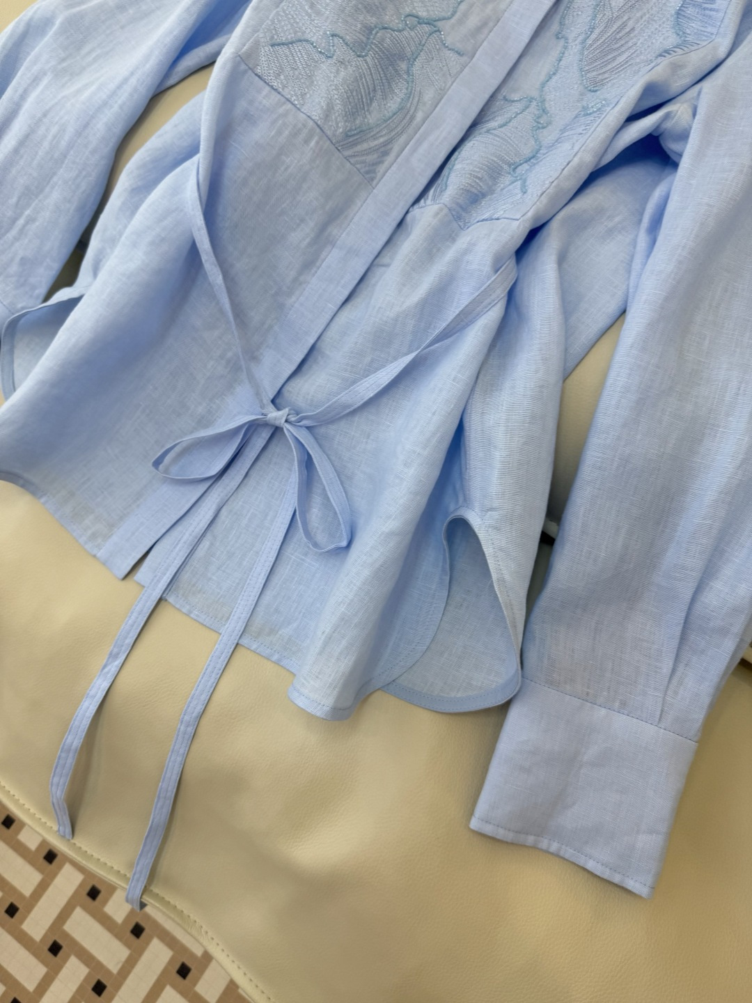 XM002#新款衬衫💕zimm 重工刺绣钉珠 长袖亚麻 衬衫 白色 蓝色 SMLXL