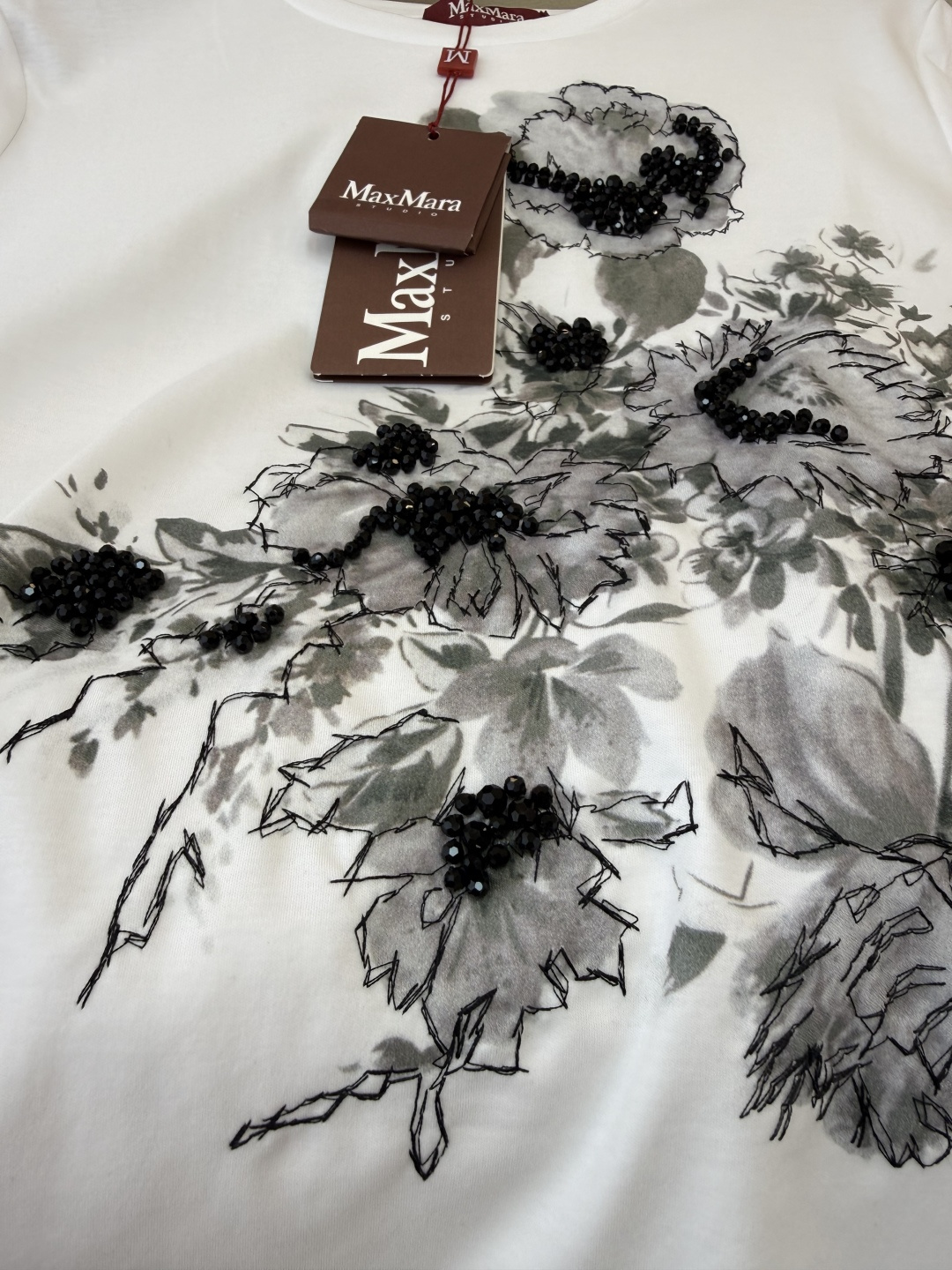 QG0137#新款T恤💕max mara 顶级版 重工刺绣珠 水墨印花 短袖T恤 SML