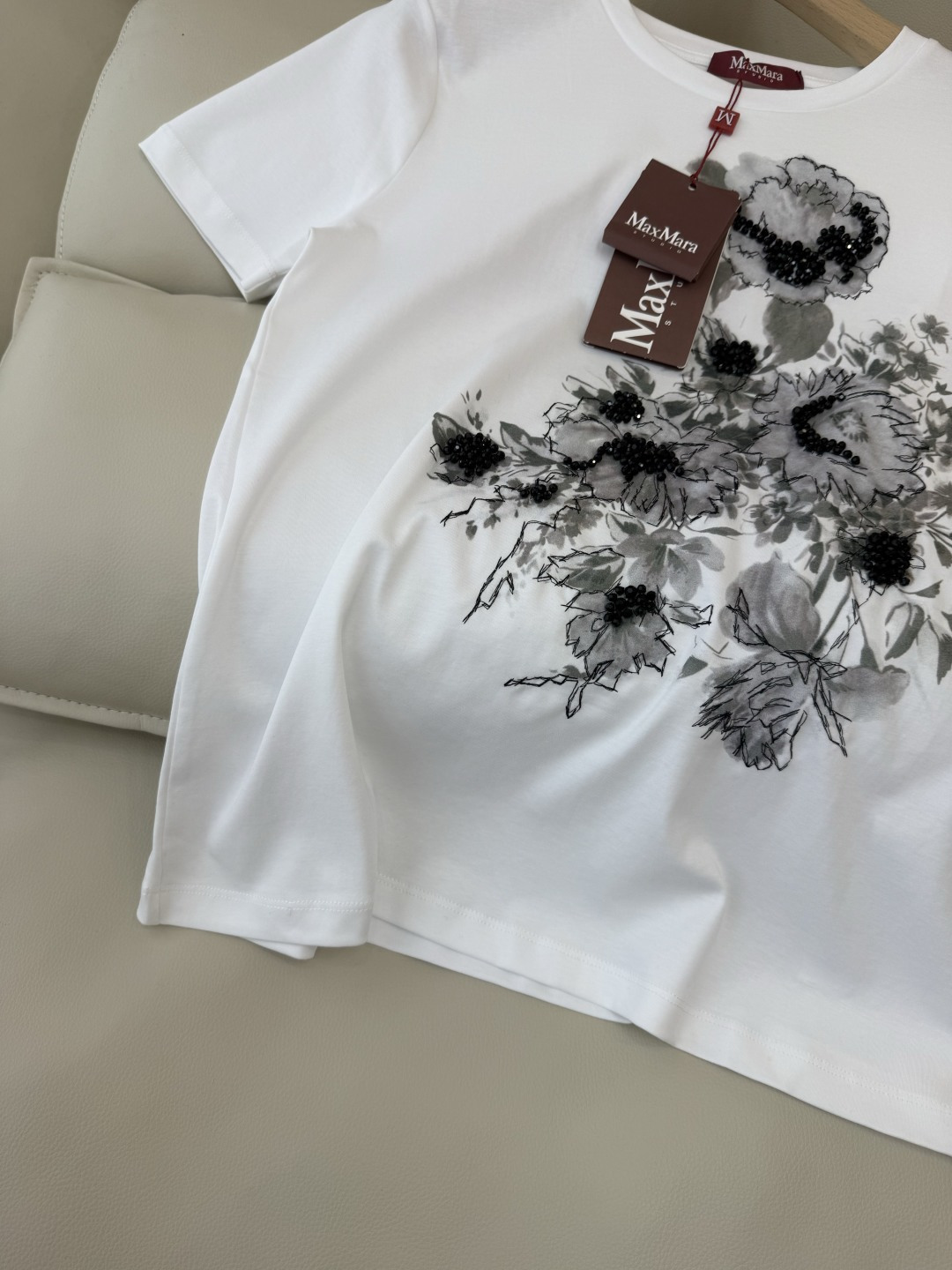 QG0137#新款T恤💕max mara 顶级版 重工刺绣珠 水墨印花 短袖T恤 SML