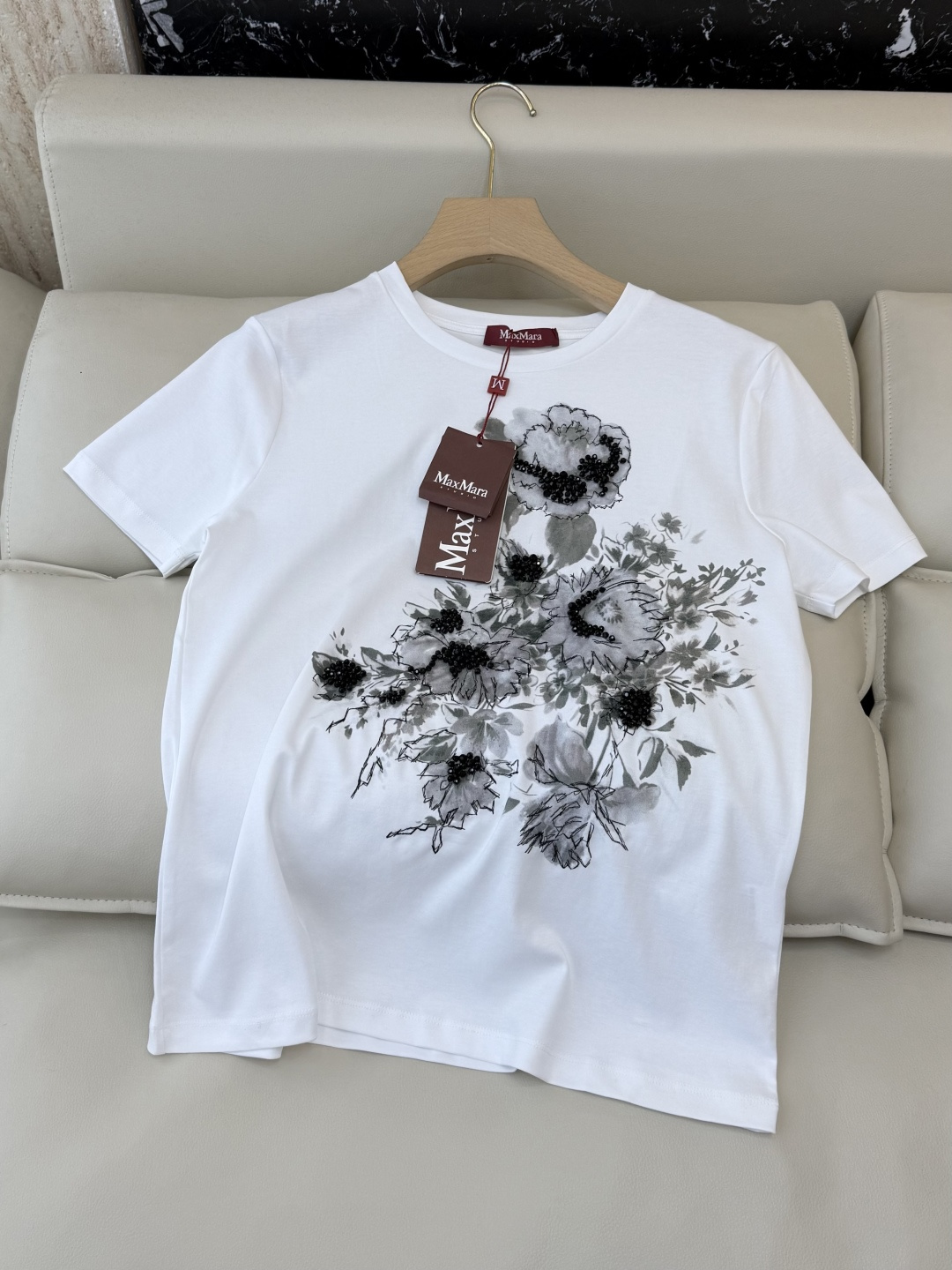QG0137#新款T恤💕max mara 顶级版 重工刺绣珠 水墨印花 短袖T恤 SML
