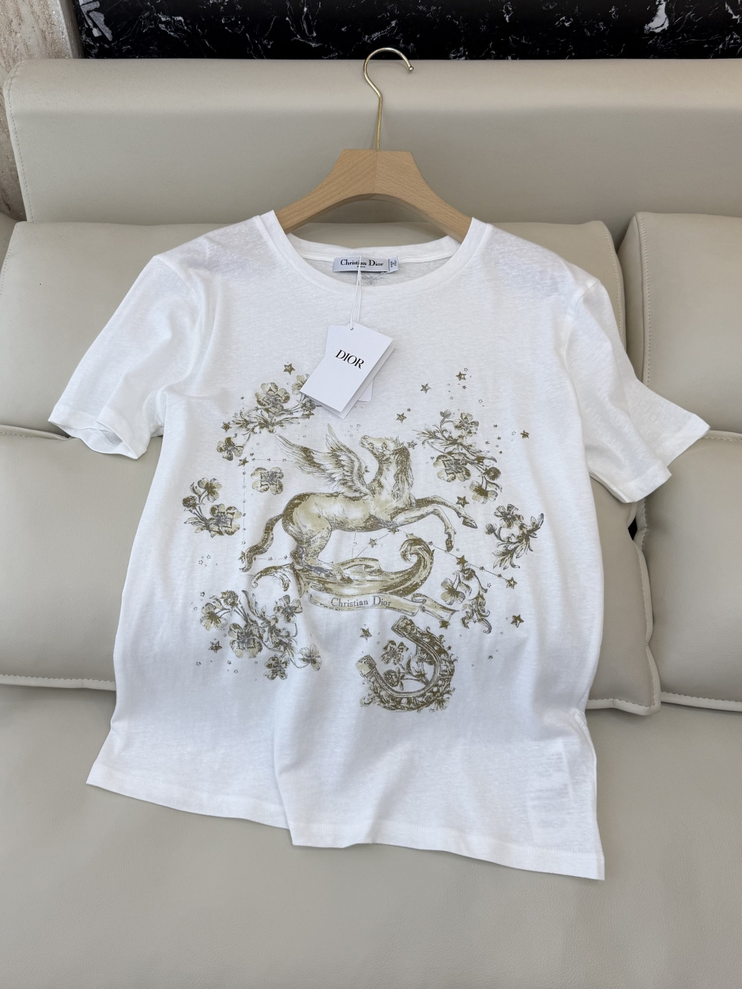 QG0139#新款T恤💕dior 顶级版 85% 棉 15% 麻 飞马印花短袖T恤 SML
