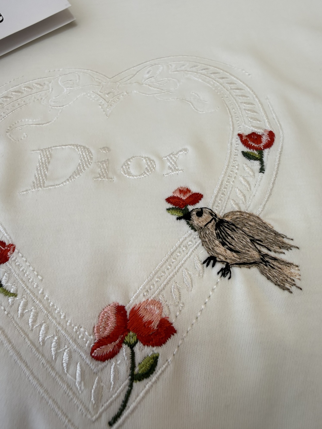 QG0141#新款T恤💕dior 顶级版 85% 棉 15% 麻 刺绣字母小鸟 花卉印花短袖T恤 SML