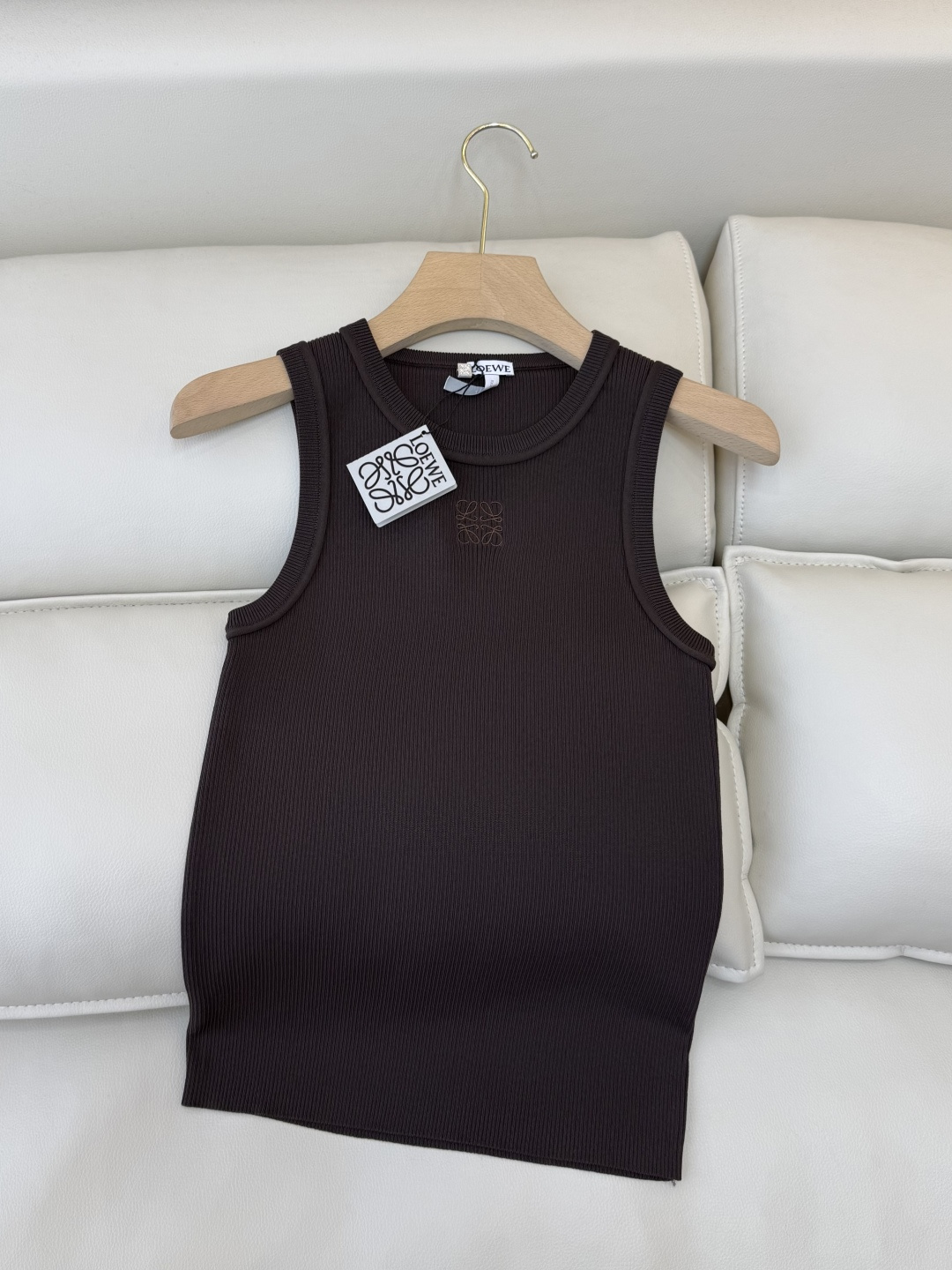 QG0146#新款T恤💕Loewe 顶级版针织弹力无袖背心T恤 白色 黑色 咖色 SML