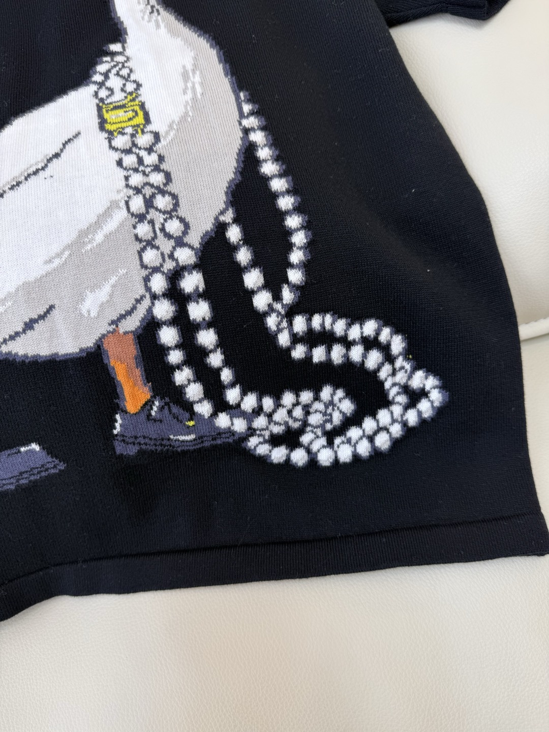 QG0147#新款T恤💕Monschino 珍珠大鹅🦢 字母配色针织短袖毛衣T恤 黑色 粉色 SML