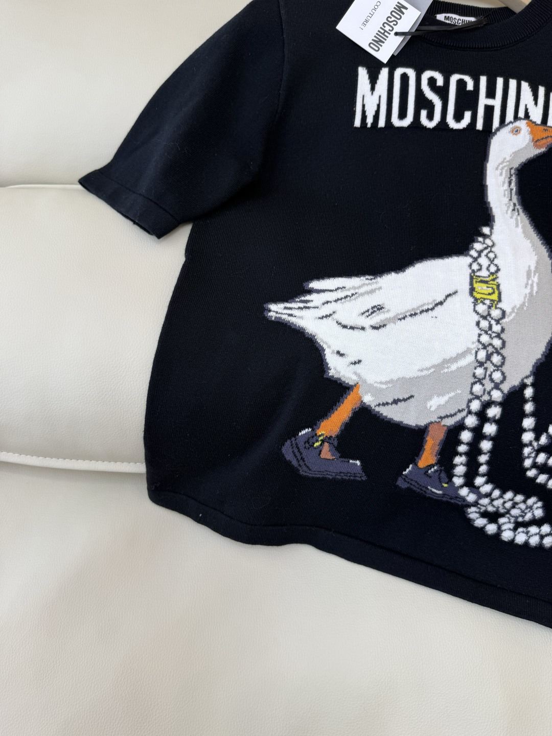 QG0147#新款T恤💕Monschino 珍珠大鹅🦢 字母配色针织短袖毛衣T恤 黑色 粉色 SML