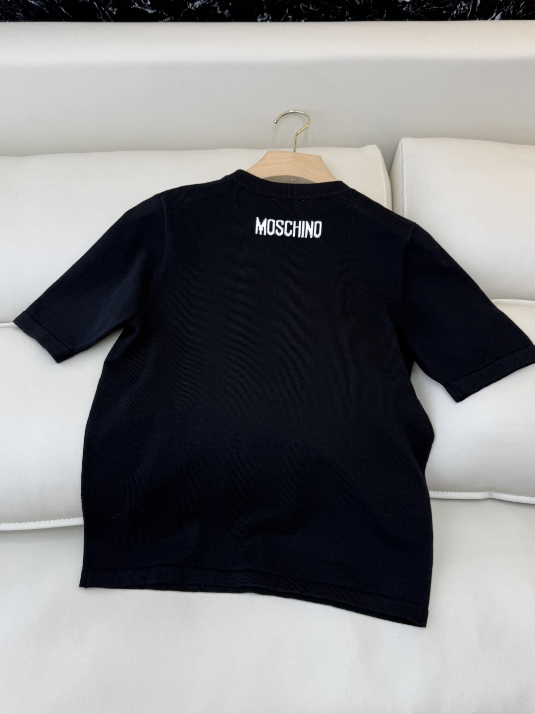 QG0147#新款T恤💕Monschino 珍珠大鹅🦢 字母配色针织短袖毛衣T恤 黑色 粉色 SML