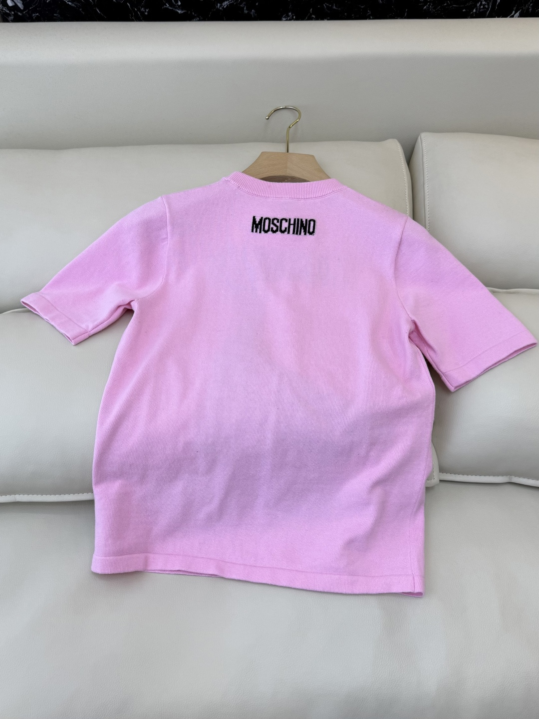 QG0147#新款T恤💕Monschino 珍珠大鹅🦢 字母配色针织短袖毛衣T恤 黑色 粉色 SML