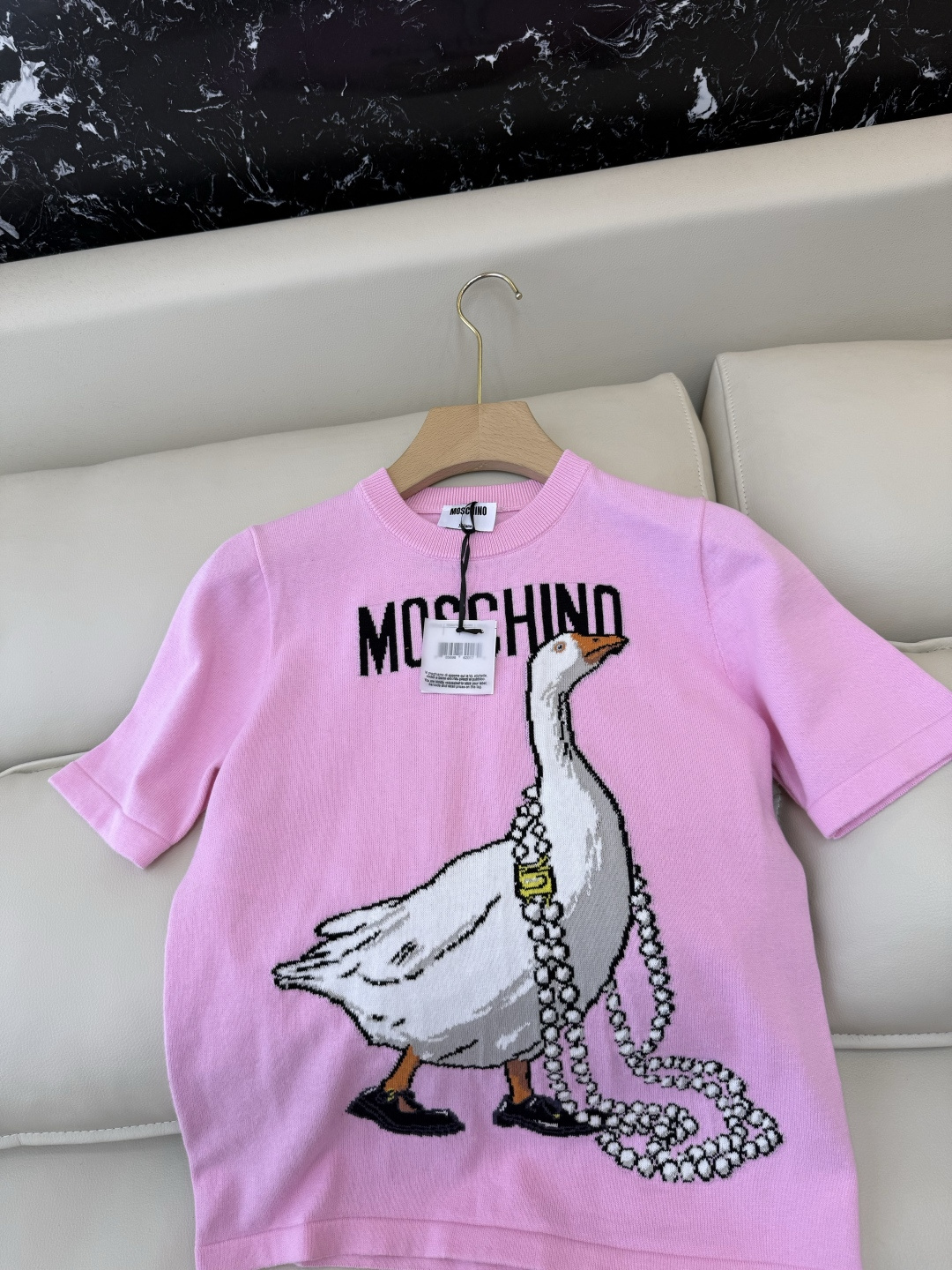 QG0147#新款T恤💕Monschino 珍珠大鹅🦢 字母配色针织短袖毛衣T恤 黑色 粉色 SML