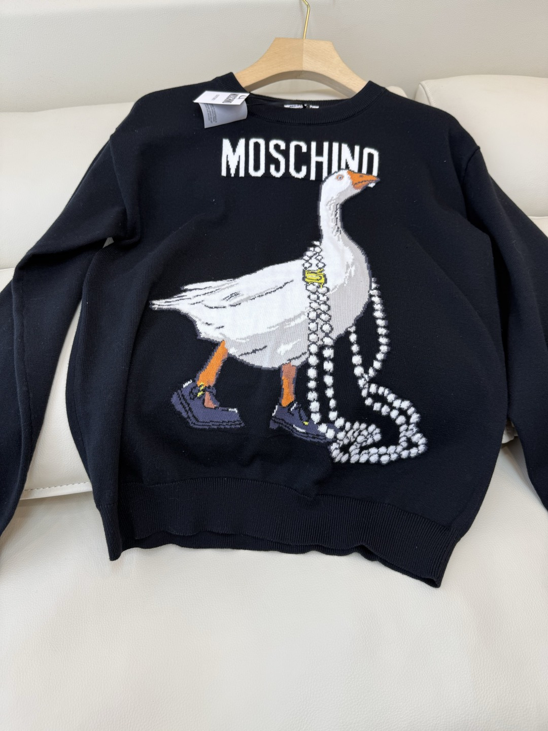 QG0148#新款T恤💕Monschino 珍珠大鹅🦢 字母配色针织长袖毛衣T恤 黑色 粉色 SML