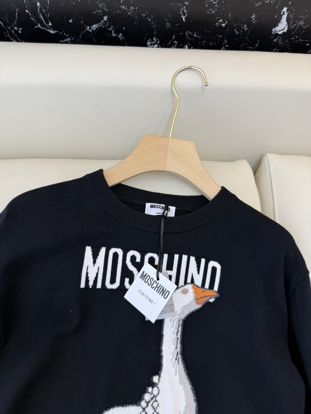 QG0148#新款T恤💕Monschino 珍珠大鹅🦢 字母配色针织长袖毛衣T恤 黑色 粉色 SML