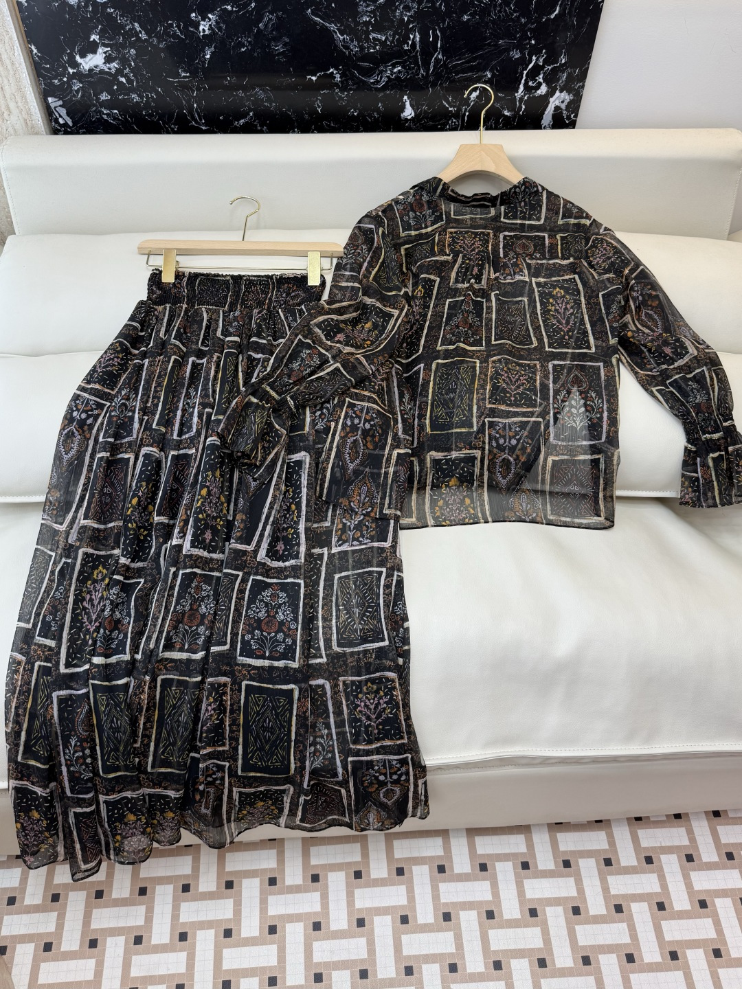 XF067#新款套装💕飘逸印花长袖衬衫➕半裙套装 SMLXL XXL