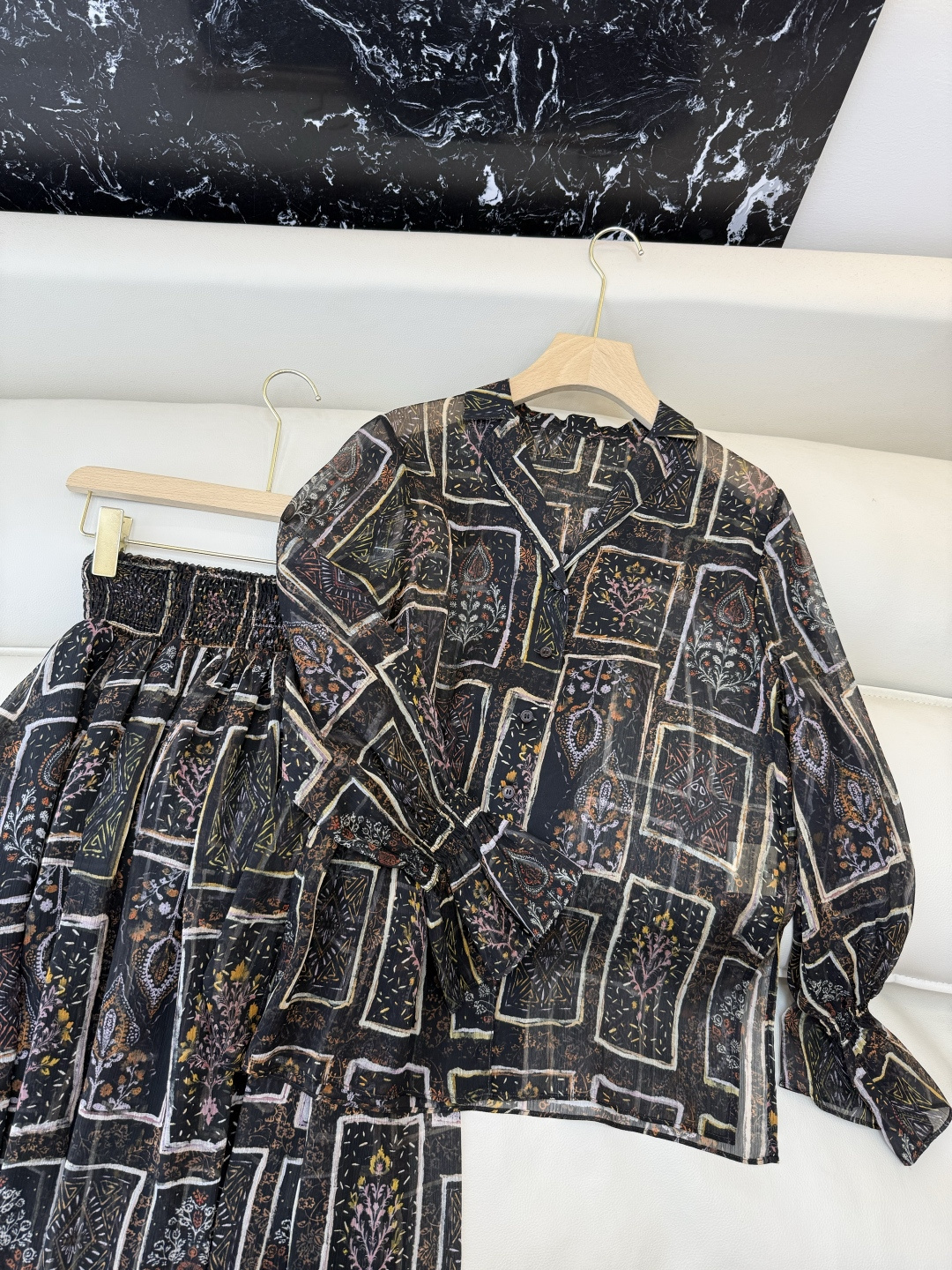 XF067#新款套装💕飘逸印花长袖衬衫➕半裙套装 SMLXL XXL