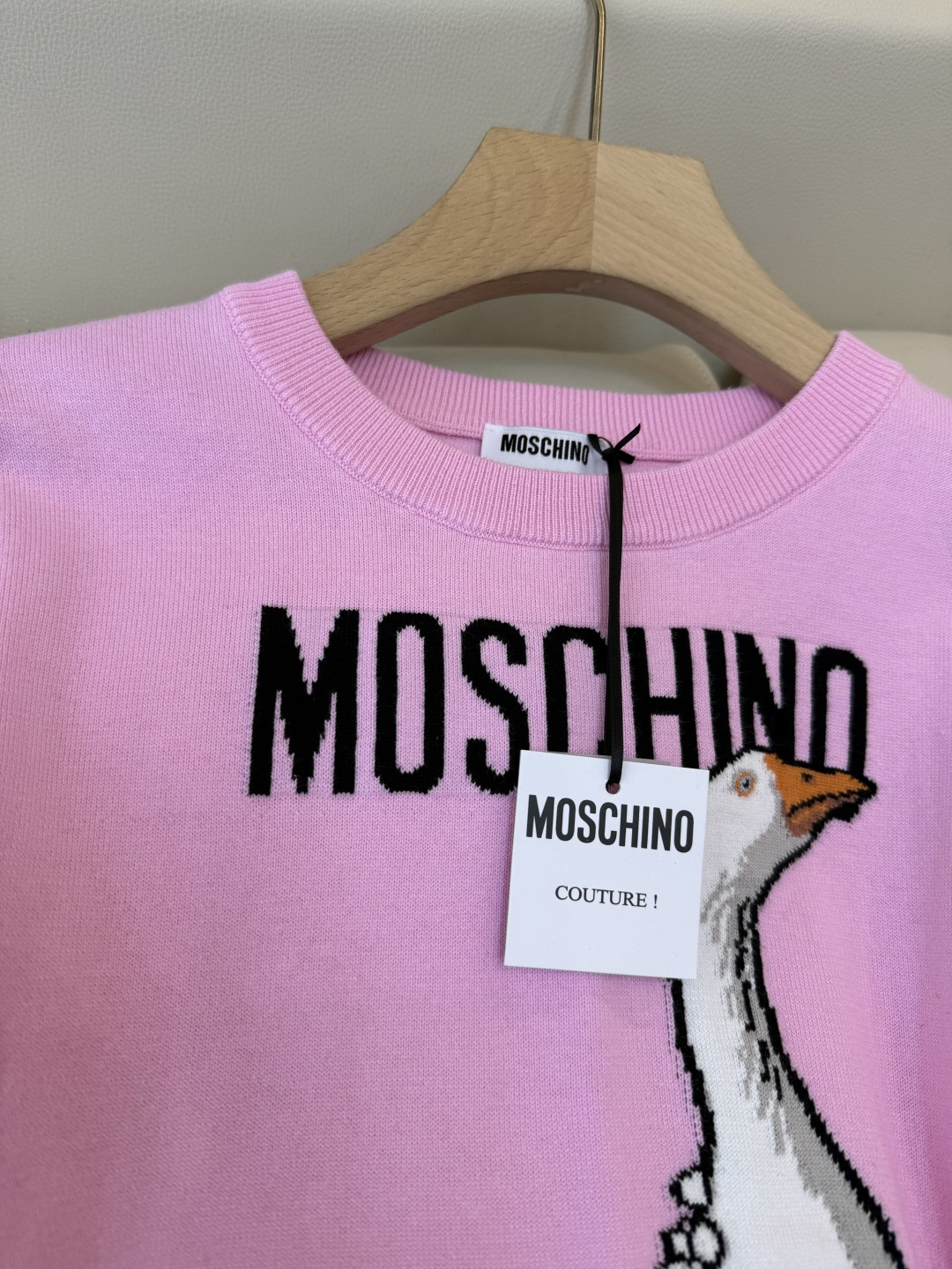 QG0148#新款T恤💕Monschino 珍珠大鹅🦢 字母配色针织长袖毛衣T恤 黑色 粉色 SML