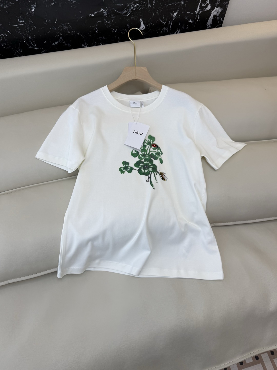 QG0142#新款T恤💕dior 顶级版 85% 棉 15% 麻 四叶草🍀花卉印花刺绣小蜜蜂 短袖T恤 