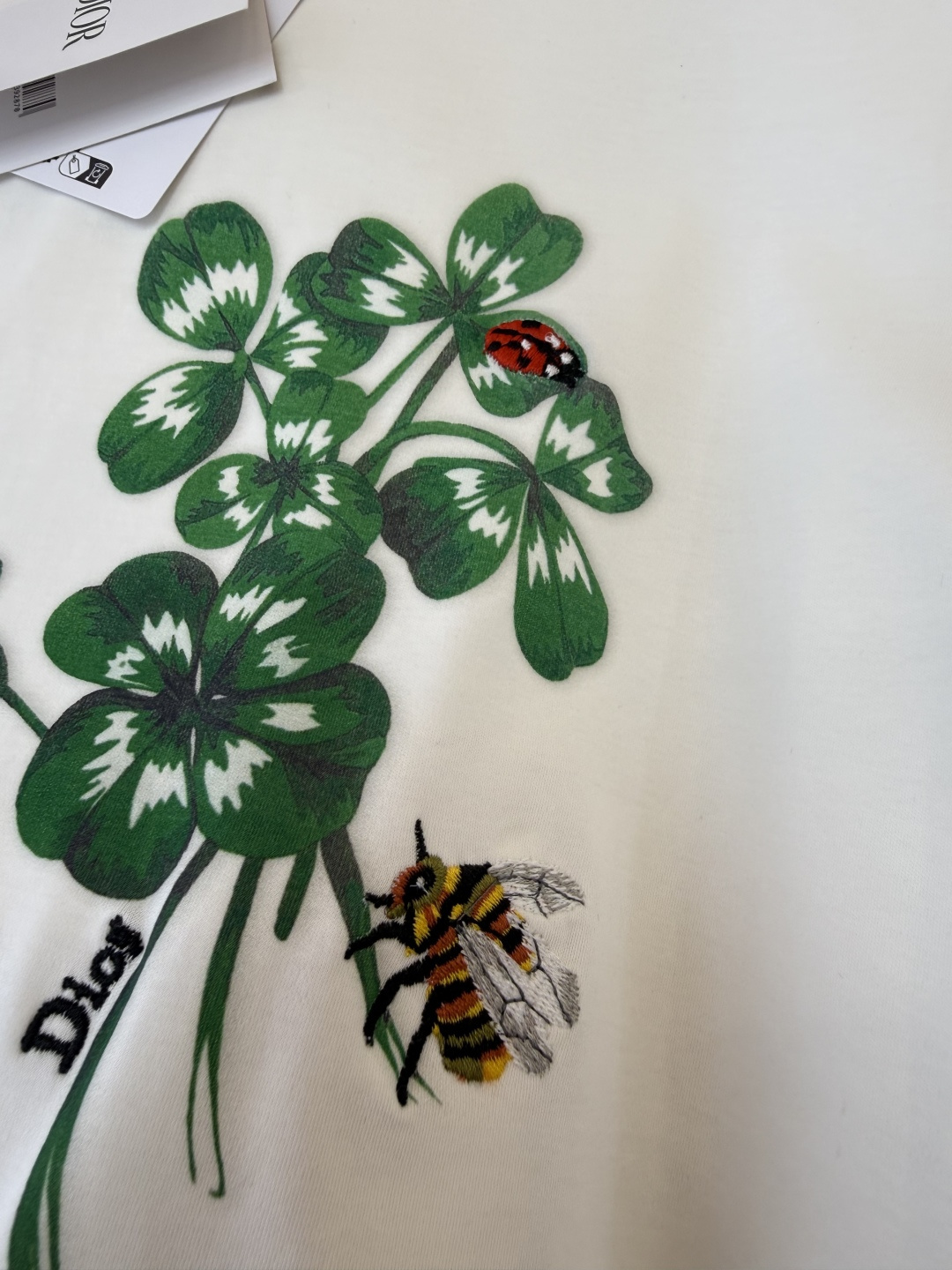 QG0142#新款T恤💕dior 顶级版 85% 棉 15% 麻 四叶草🍀花卉印花刺绣小蜜蜂 短袖T恤 