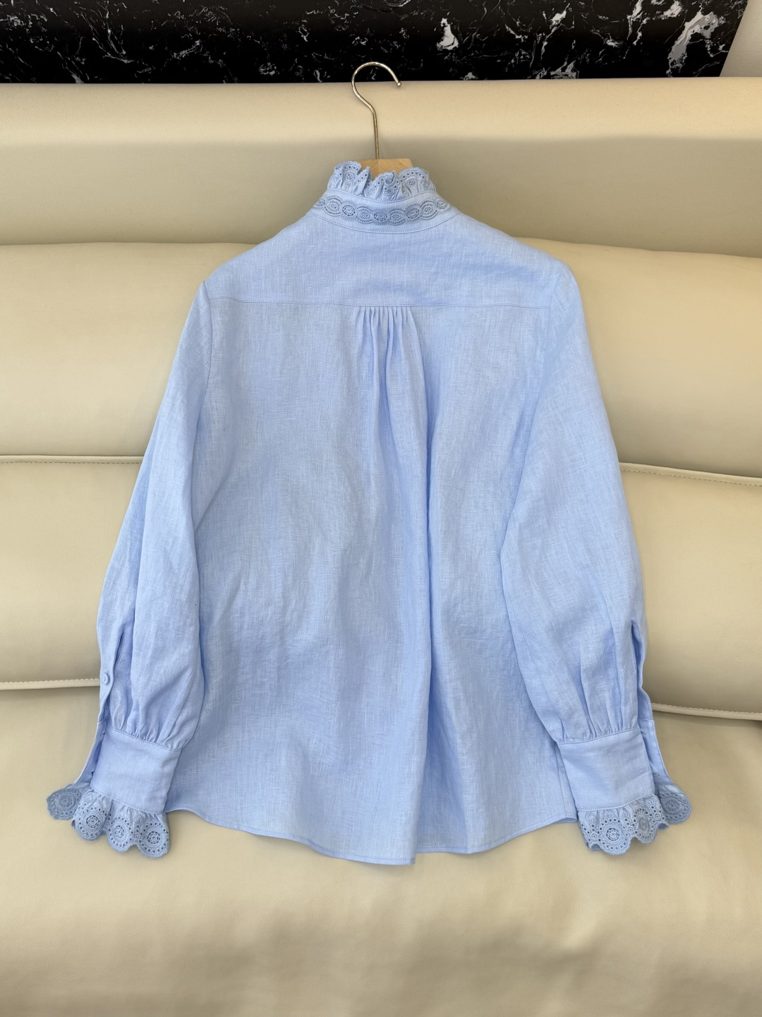 XM005#新款衬衫💕Valentino 立体镂空绣花 长袖亚麻 衬衫 白色 蓝色 SMLXL