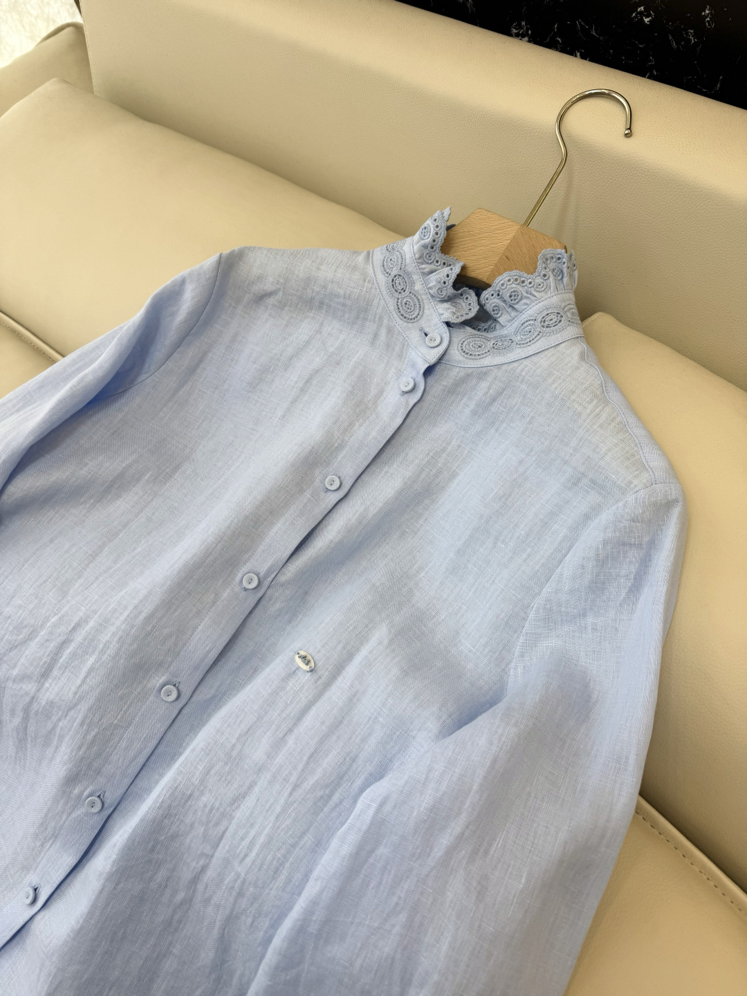 XM005#新款衬衫💕Valentino 立体镂空绣花 长袖亚麻 衬衫 白色 蓝色 SMLXL