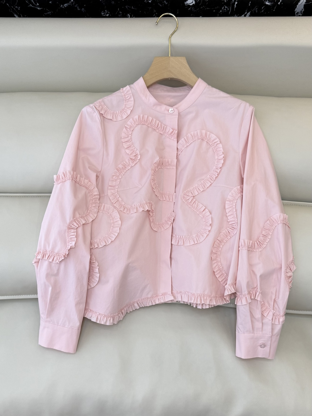 AD051#长袖衬衫‼️立体盘花木耳边 长袖衬衫 粉色 蓝色 白色 SML