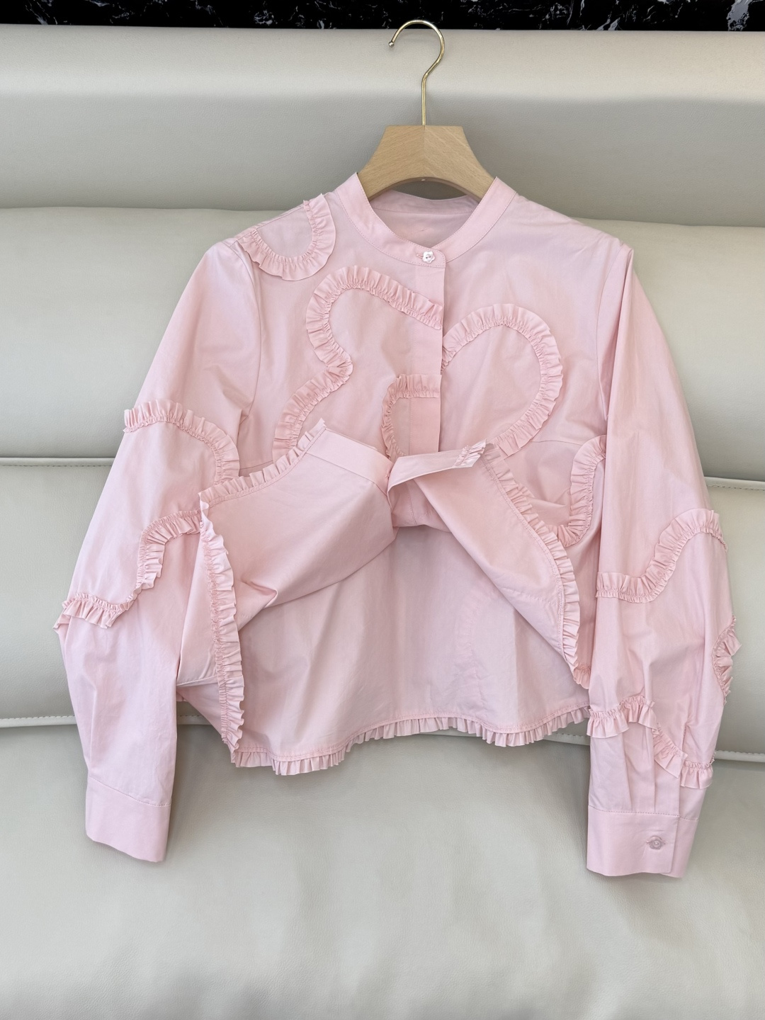 AD051#长袖衬衫‼️立体盘花木耳边 长袖衬衫 粉色 蓝色 白色 SML