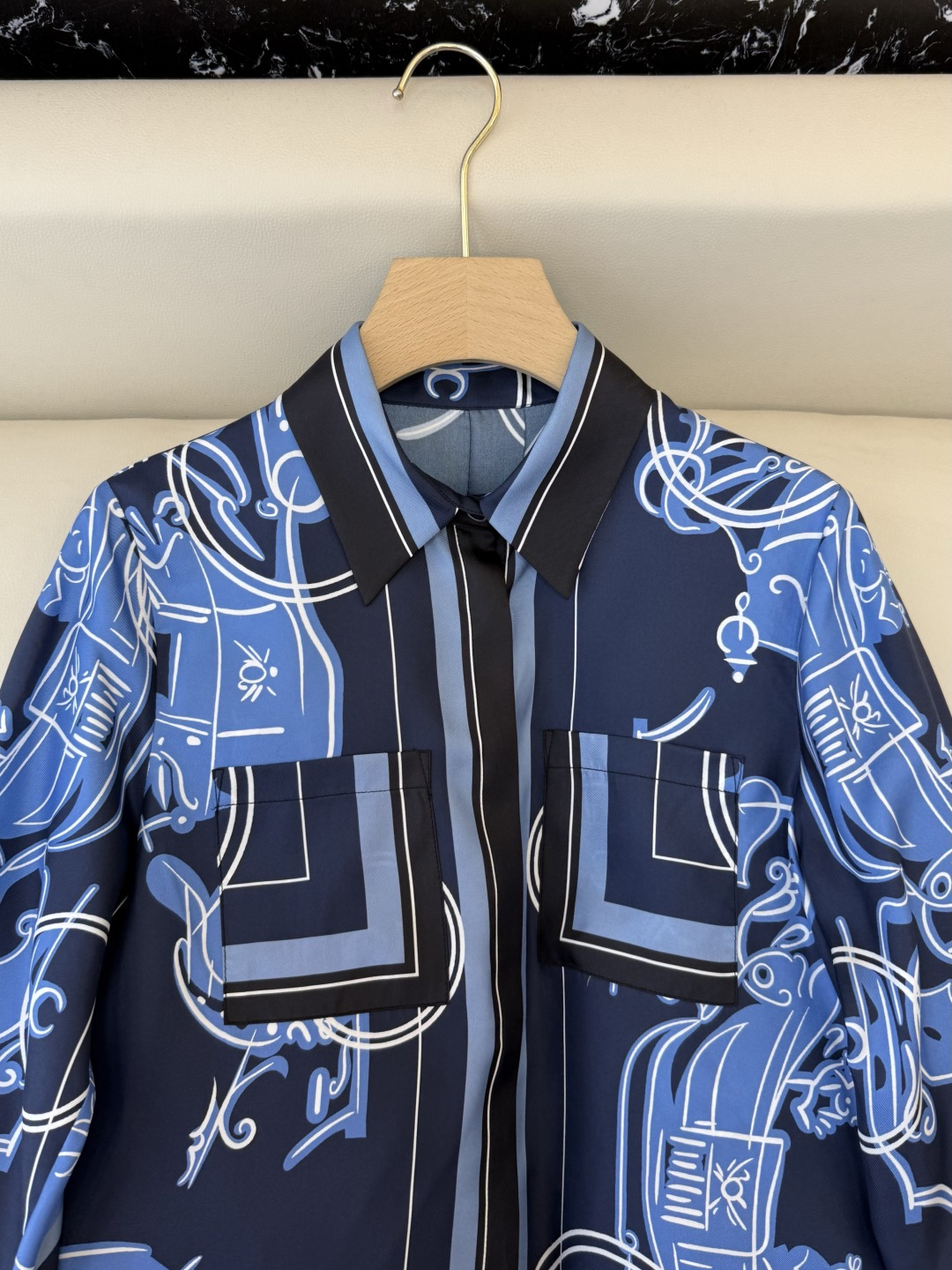 H32606#新款衬衫💕H家 爱马仕 定位印花 100%斜纹真丝印花长袖衬衫 四色 SMLXL