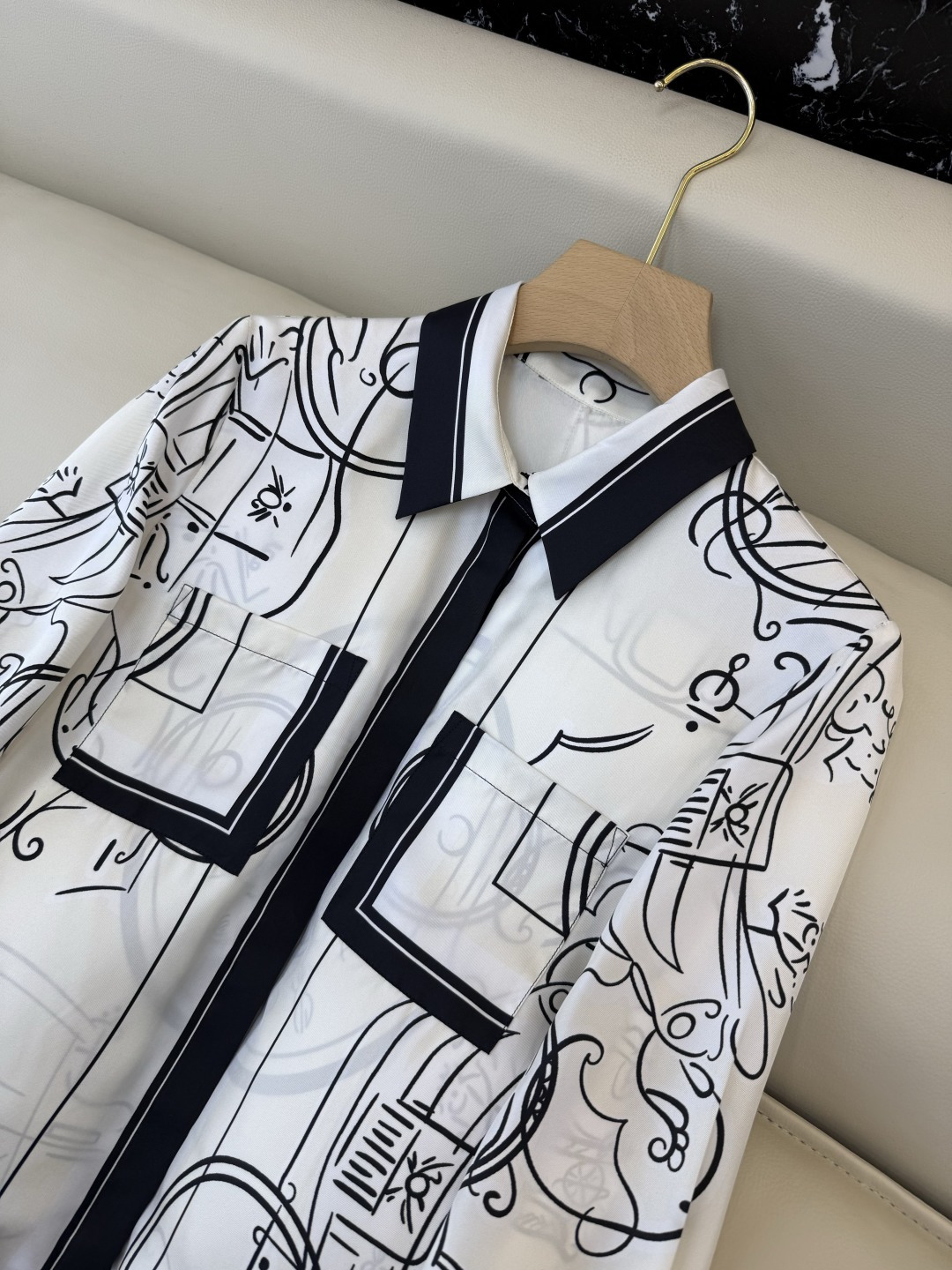 H32606#新款衬衫💕H家 爱马仕 定位印花 100%斜纹真丝印花长袖衬衫 四色 SMLXL