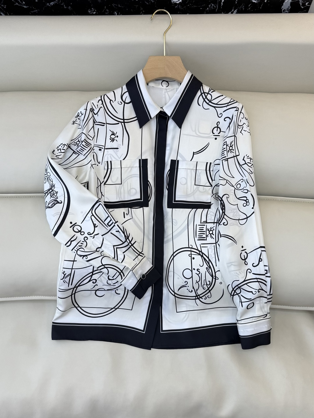 H32606#新款衬衫💕H家 爱马仕 定位印花 100%斜纹真丝印花长袖衬衫 四色 SMLXL