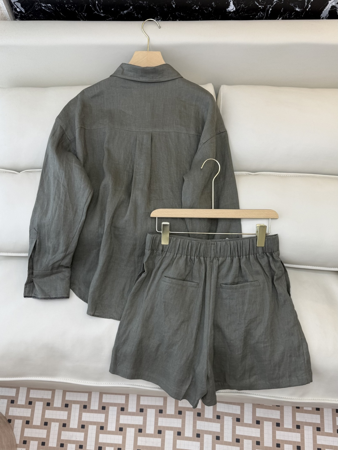 LZ26002#新款套装💕BC 100% 亚麻 长袖衬衫➕短裤套装 深墨绿 杏色 SML
