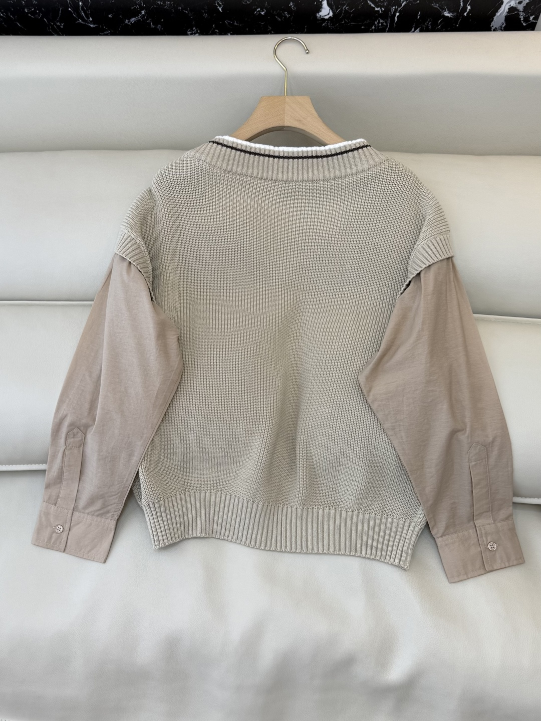 LZM26005#新款毛衣💕BC 最新款 V领100% 棉 长袖拼接 针织 白色 杏色 SML