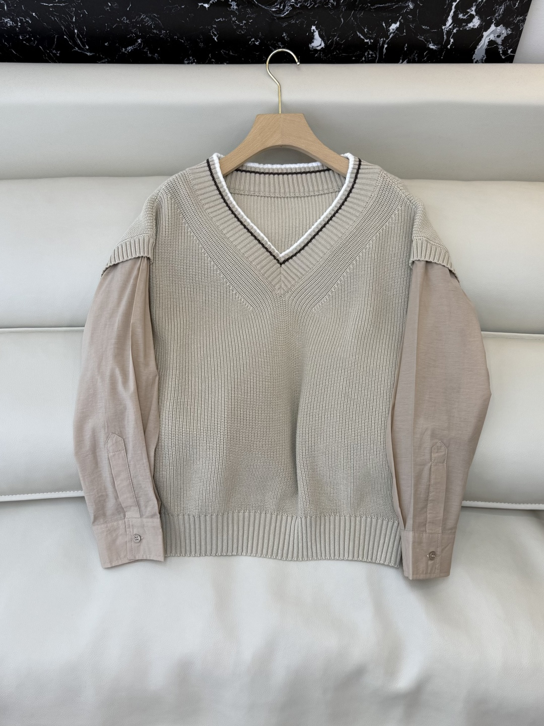 LZM26005#新款毛衣💕BC 最新款 V领100% 棉 长袖拼接 针织 白色 杏色 SML