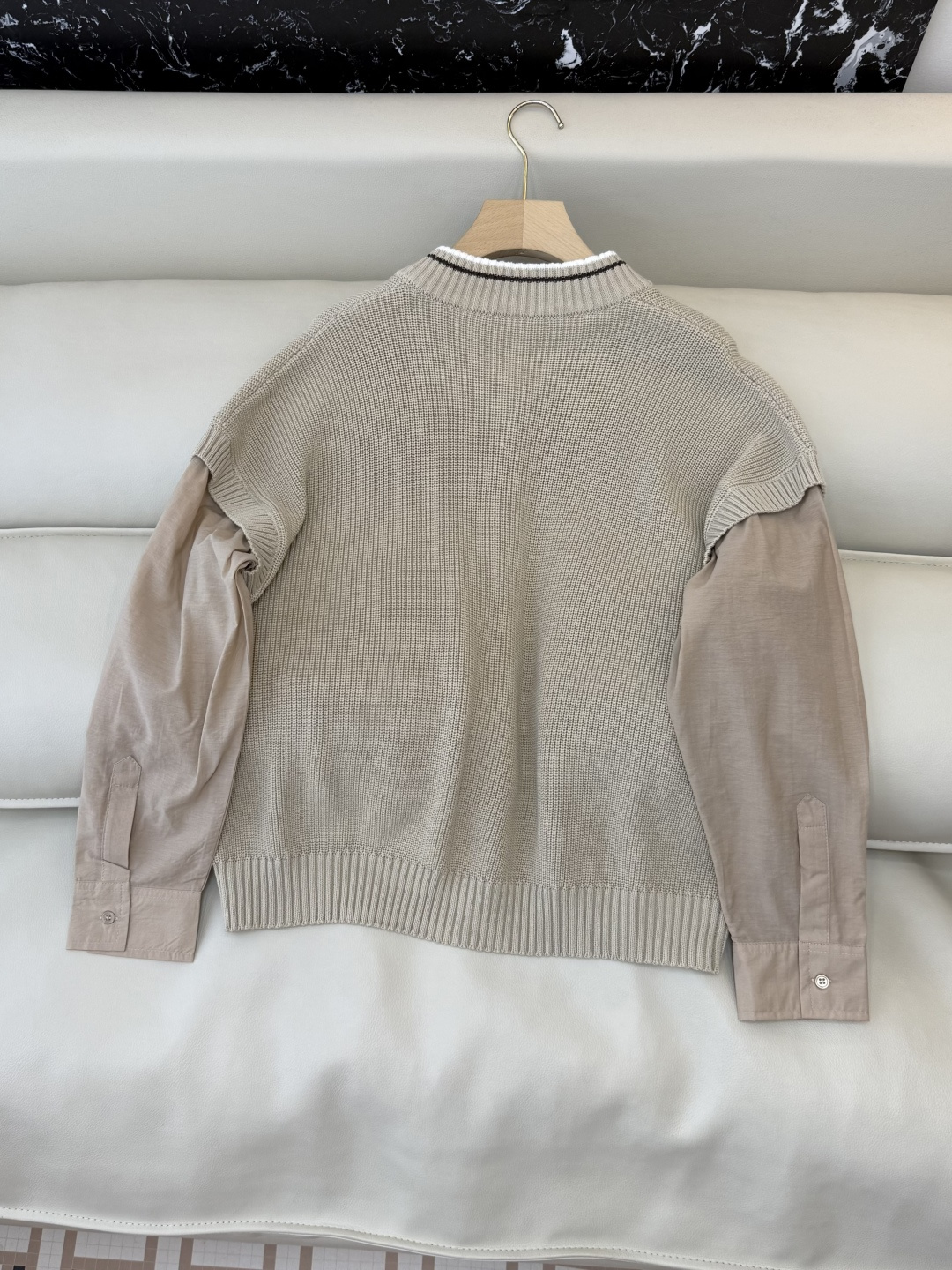 LZM26005-1#新款毛衣💕BC 最新款 V领100% 棉 长袖拼接 开衫针织 白色 杏色 SML