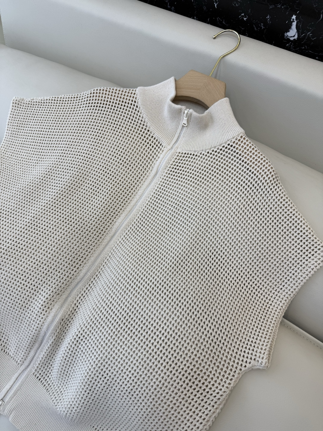 LZM26003#新款针织衫💕BC 最新款短袖拉链镂空设计针织 米色 SML