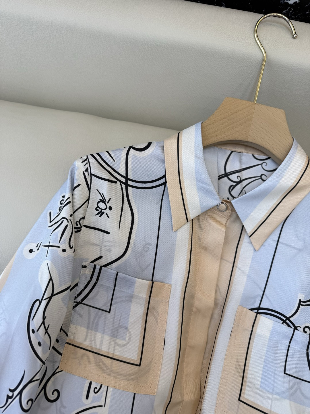 BS1079#新款衬衫💕H家 爱马仕 真丝定位印花长袖衬衫 蓝色 36-42