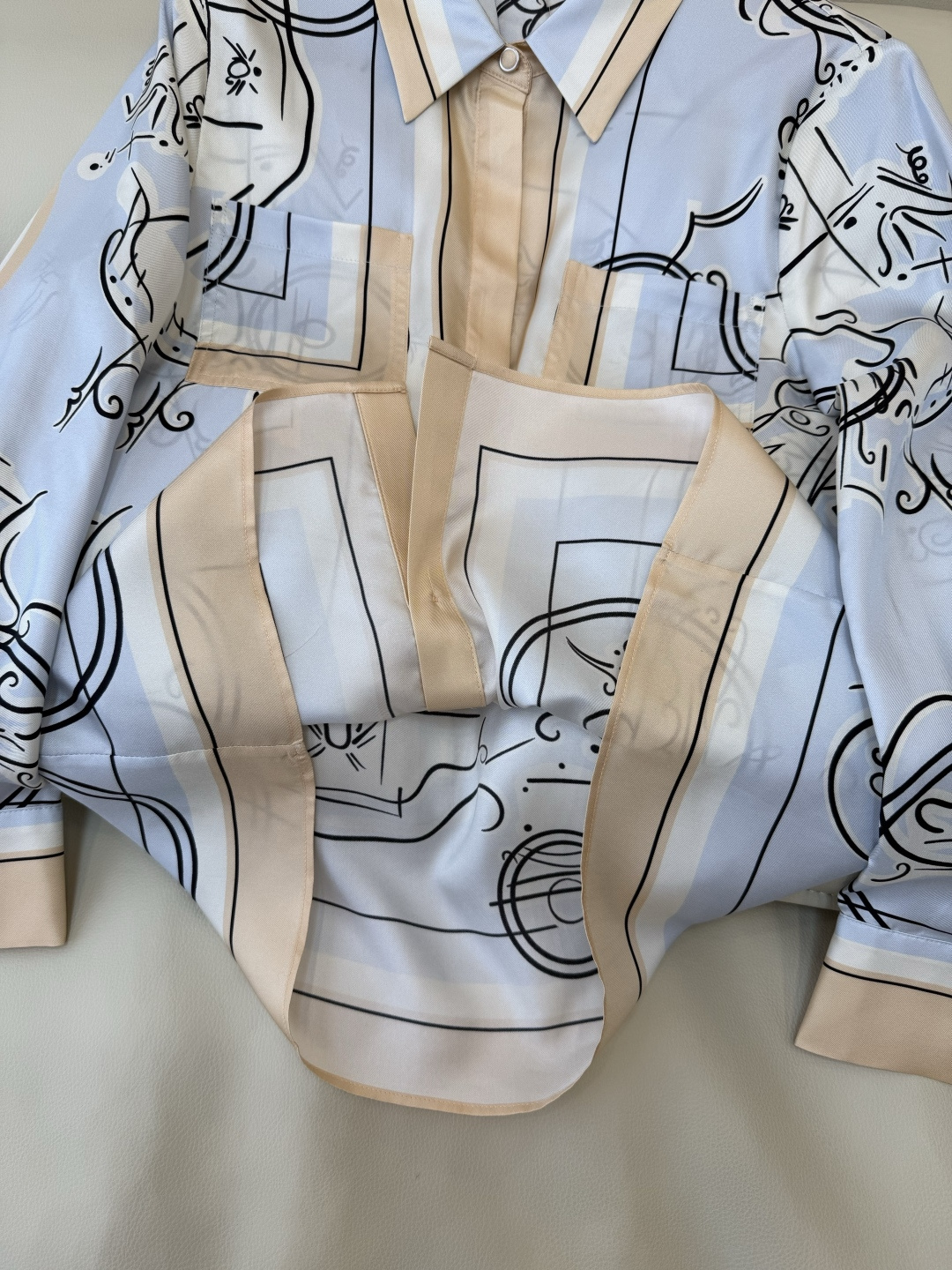 BS1079#新款衬衫💕H家 爱马仕 真丝定位印花长袖衬衫 蓝色 36-42