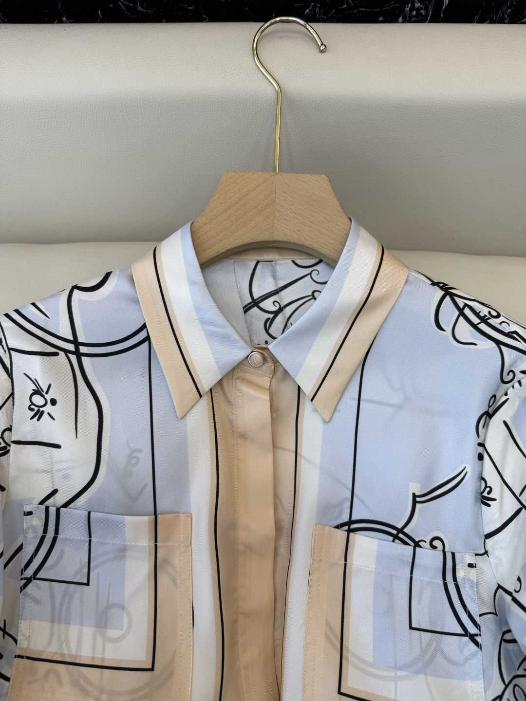 BS1079#新款衬衫💕H家 爱马仕 真丝定位印花长袖衬衫 蓝色 36-42