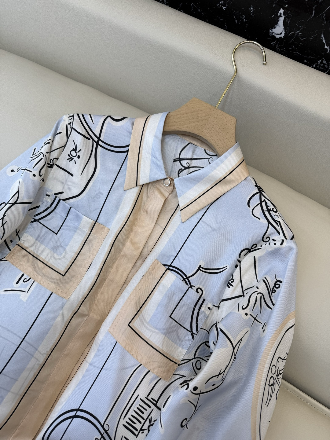 BS1079#新款衬衫💕H家 爱马仕 真丝定位印花长袖衬衫 蓝色 36-42