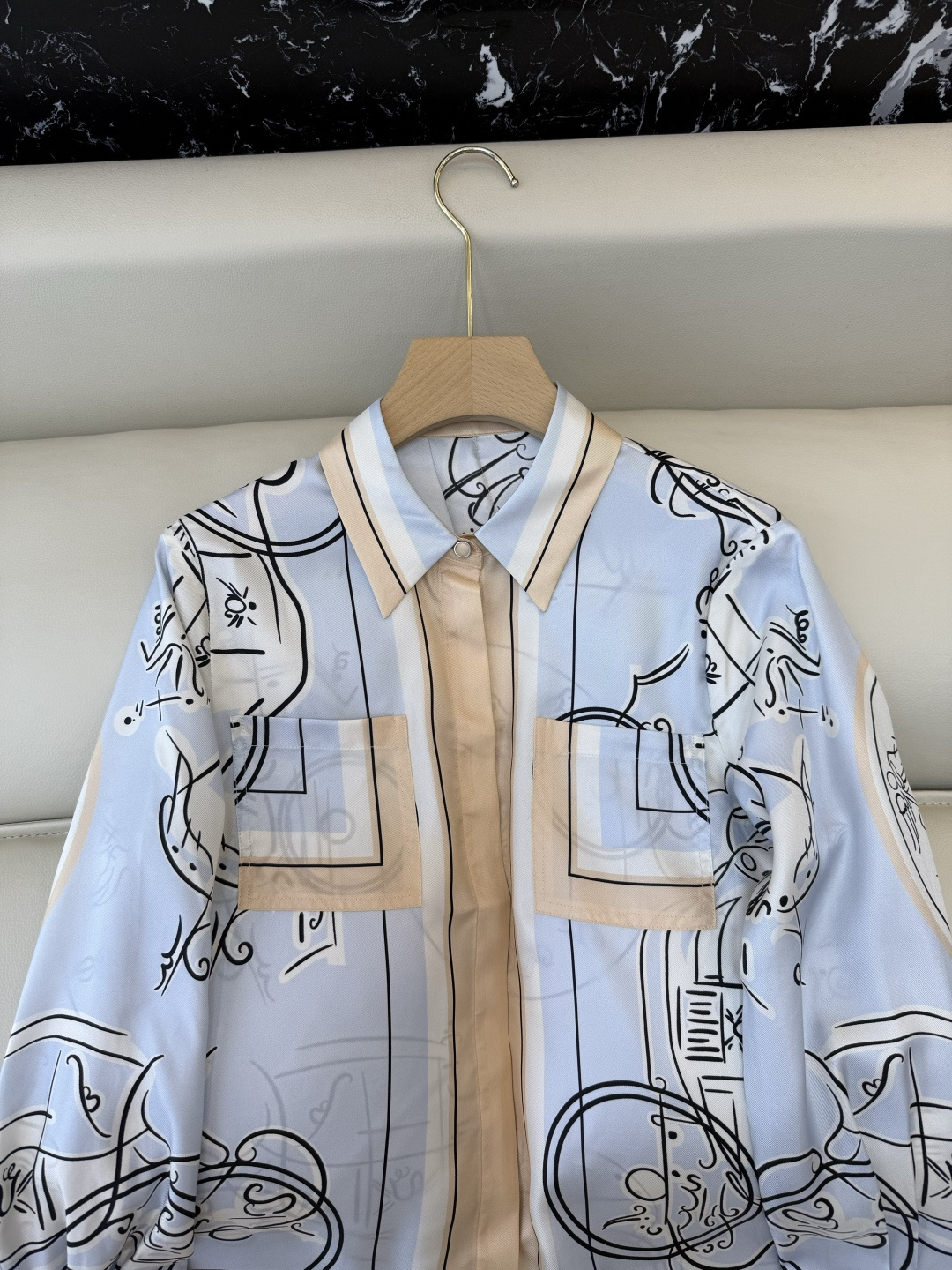 BS1079#新款衬衫💕H家 爱马仕 真丝定位印花长袖衬衫 蓝色 36-42