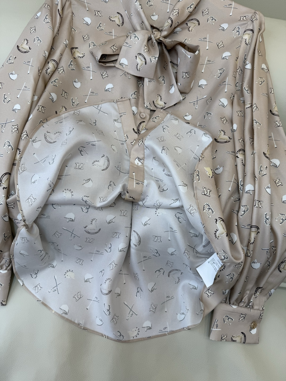 BS1076#新款衬衫💕Max 1100% 真丝斜纹印花 长袖蝴蝶结印花衬衫 红色 杏色 36-42