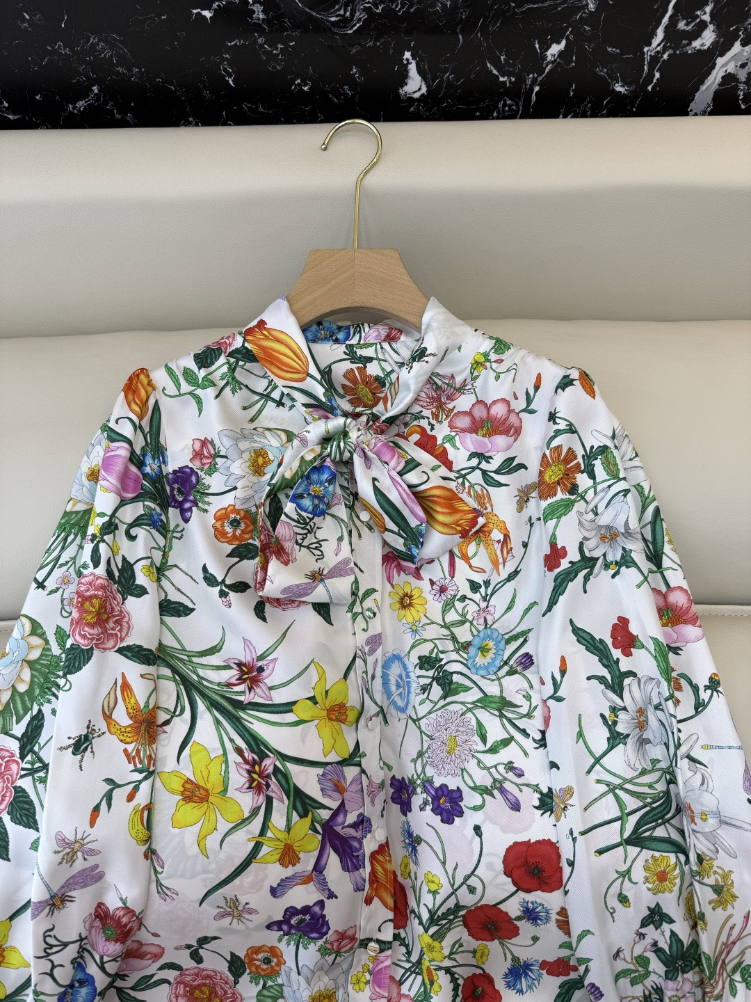 BS1115#新款衬衫💕gucci 印花 100% 斜纹真丝 蝴蝶结长袖衬衫 SMLXL