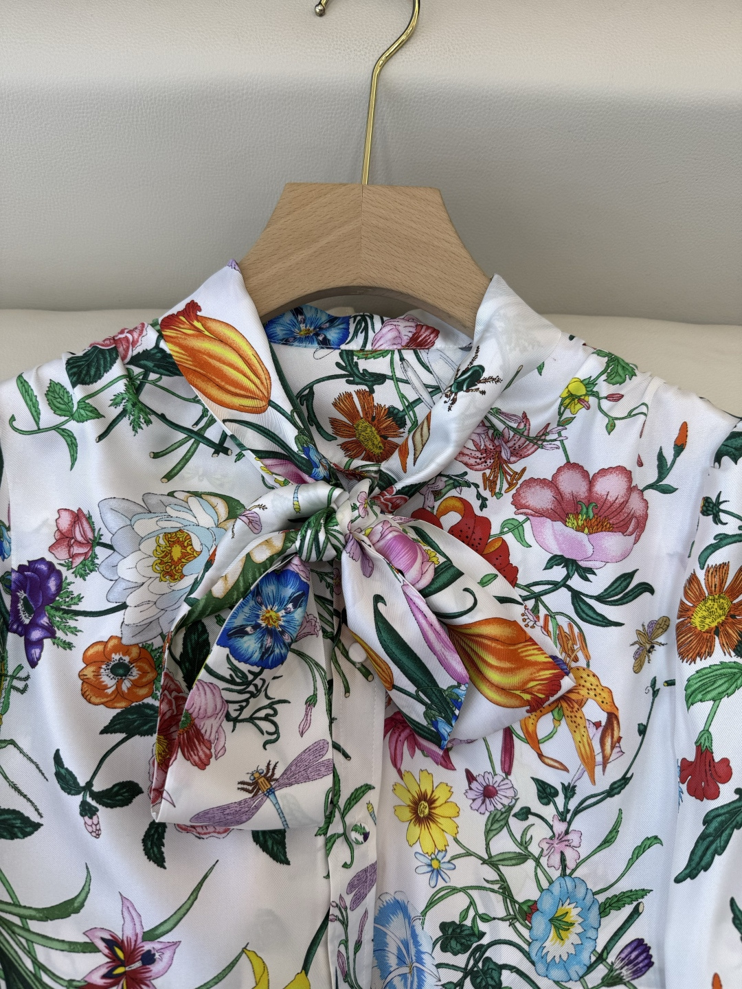 BS1115#新款衬衫💕gucci 印花 100% 斜纹真丝 蝴蝶结长袖衬衫 SMLXL