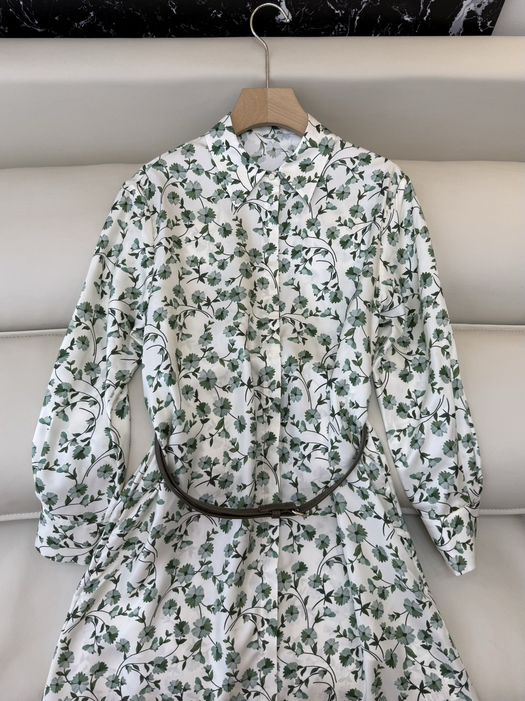 BS1108#新款连衣裙💕Max mara 碎花印花 100% 斜纹真丝印花长袖连衣裙 配腰带 36/3