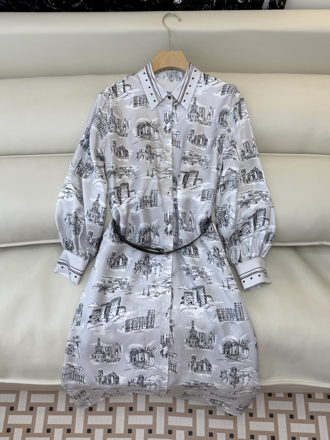 BS1111#新款连衣裙💕Max mara 法式建筑印花 100% 斜纹真丝印花长袖连衣裙 配腰带 36