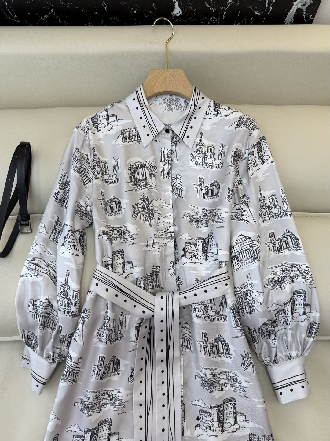 BS1111#新款连衣裙💕Max mara 法式建筑印花 100% 斜纹真丝印花长袖连衣裙 配腰带 36