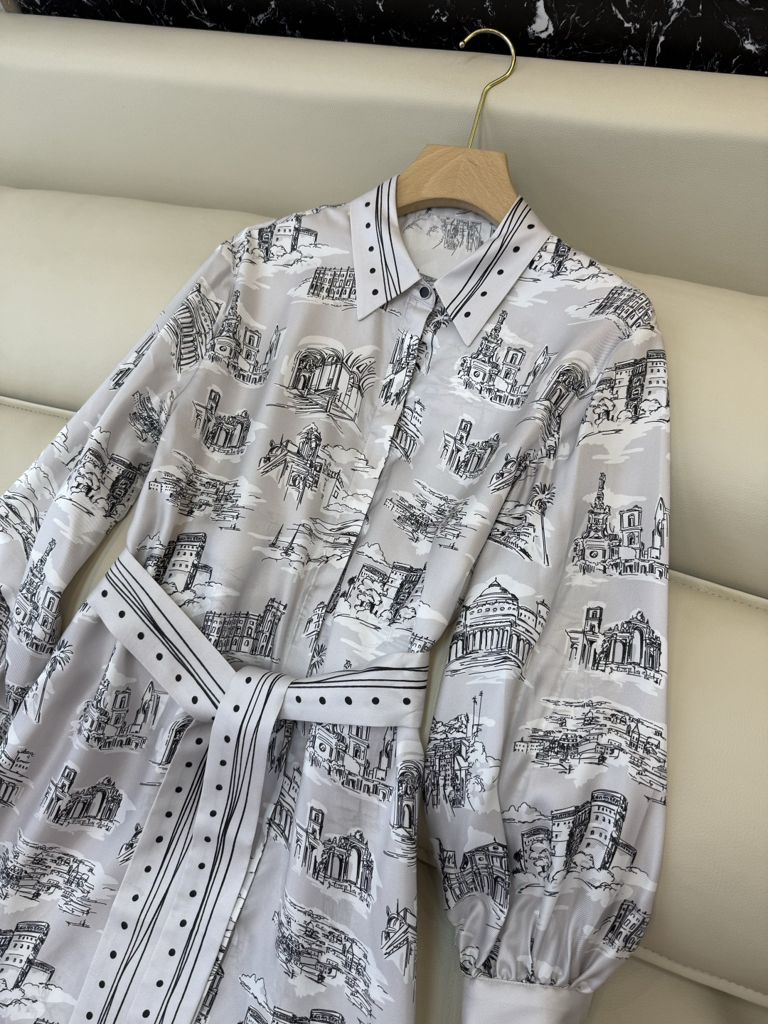 BS1111#新款连衣裙💕Max mara 法式建筑印花 100% 斜纹真丝印花长袖连衣裙 配腰带 36